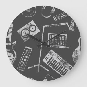 Music elements: vintage seamless background. large clock