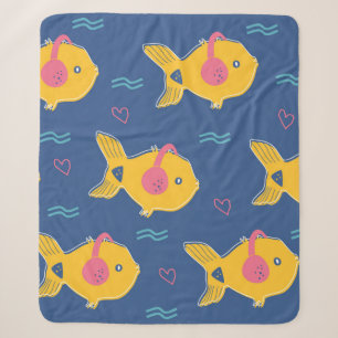Music fishes cartoon vintage seamless pattern sherpa blanket