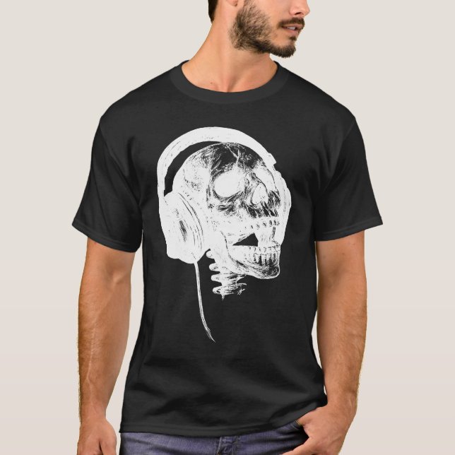 Music Forever Singing White Skull With Headphones  T-Shirt (Front)