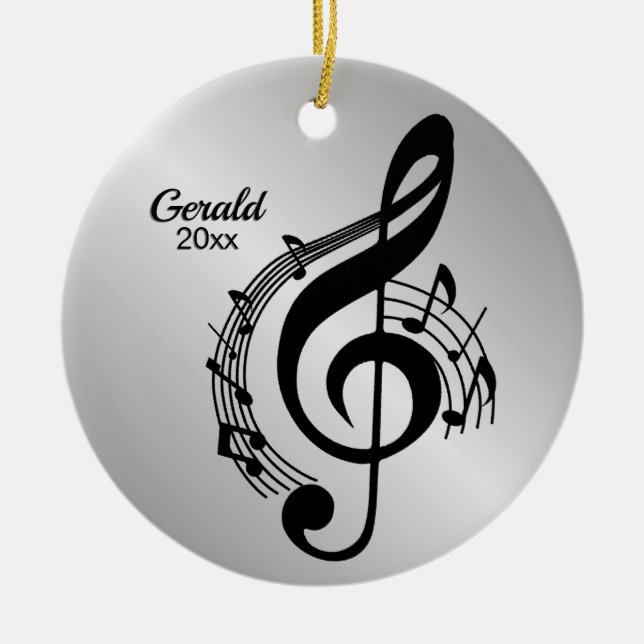 Music G Clef Personalised Name / Year Ceramic Tree Decoration (Front)