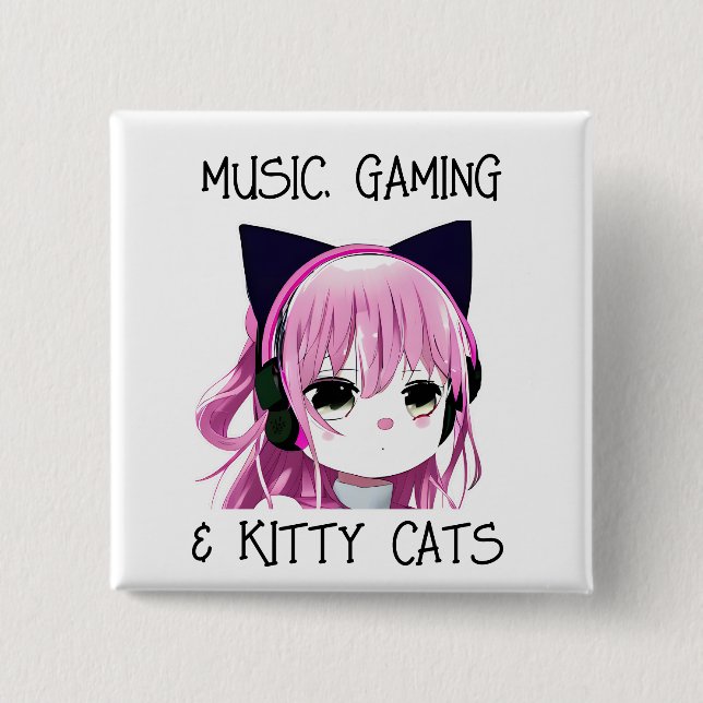 Music Gaming and Kitty Cat Anime Girl 15 Cm Square Badge (Front)
