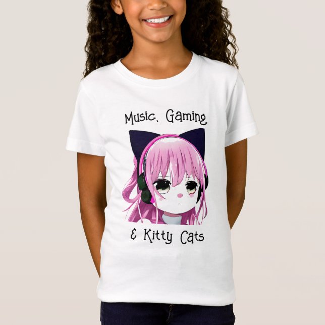 Music, Gaming and Kitty Cats | Anime Girl T-Shirt (Front)