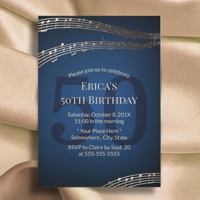 Music Gold & Navy Blue 50th Birthday Party Invitation (Creator Uploaded)