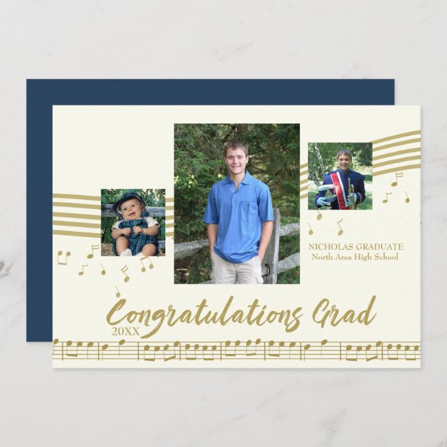 Music Graduate Photo Ivory and Gold Invitation (Front/Back)