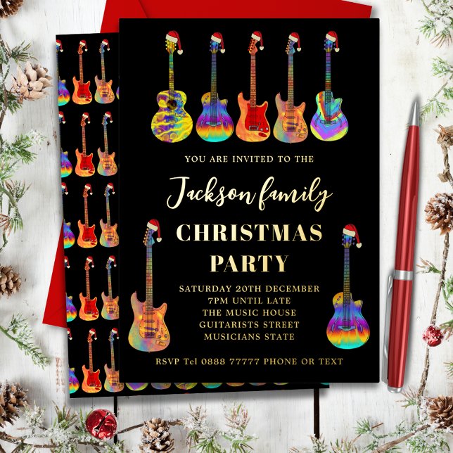 Music Guitar Christmas Party Black and Gold (Music themed colorful guitar christmas party black and gold foil invitation )