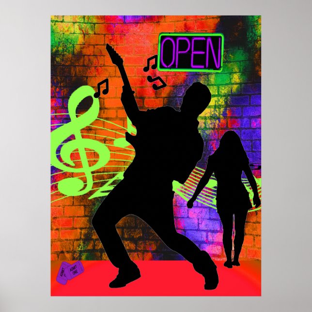 Music Guitar Man and Girl Neon Colors Poster (Front)