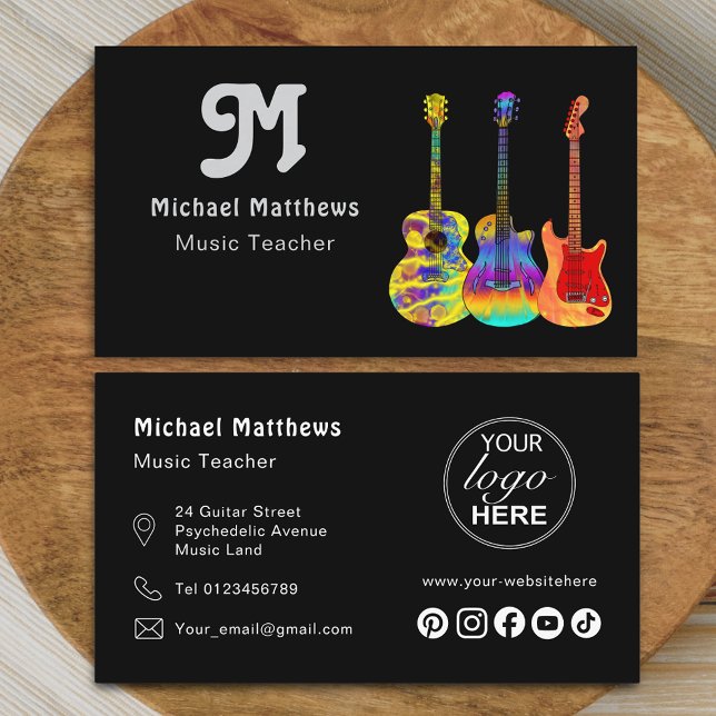 Music Guitar Teacher Logo and Social Media Custom Business Card (Modern guitar music teacher professional musician logo social media black Business card retro groovy)