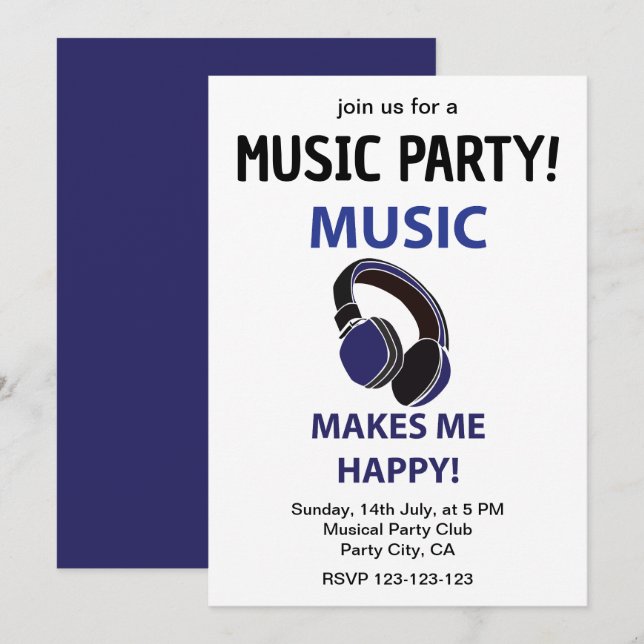 Music Headphone Music Makes Me Happy Music Party Invitation (Front/Back)