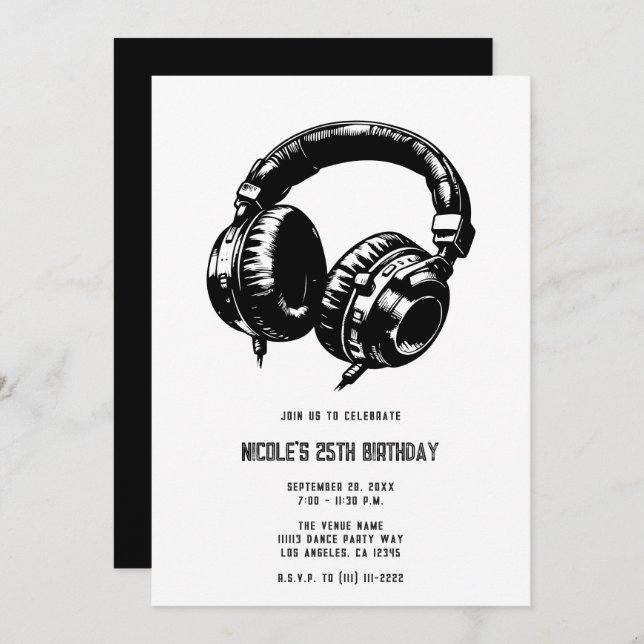 Music Headphones Dance Party DJ Birthday Party Invitation (Front/Back)