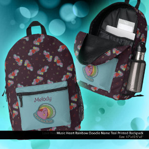 Music Heart Rainbow Doodle Name Teal Printed Backpack