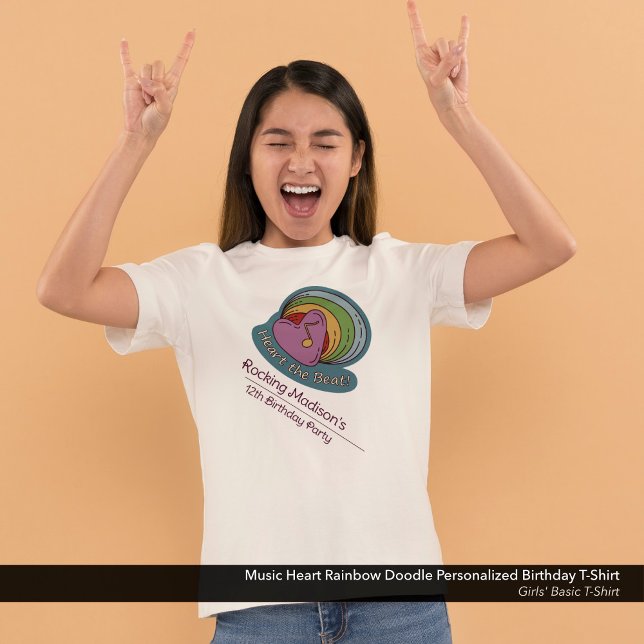 Music Heart Rainbow Doodle Personalised Birthday T-Shirt (Music, Heart, and Rainbow Doodle Art Birthday T-shirt Customized with Your Name.)