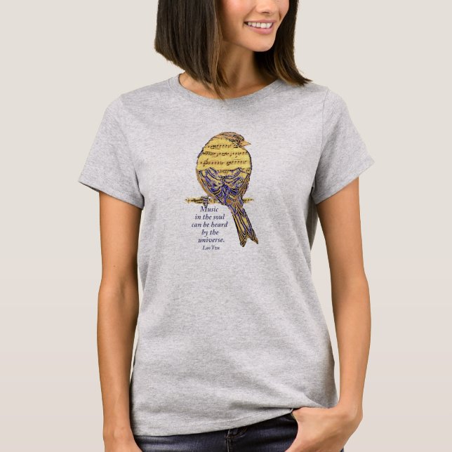 Music in the Soul Quote & Music Note Bird T-Shirt (Front)