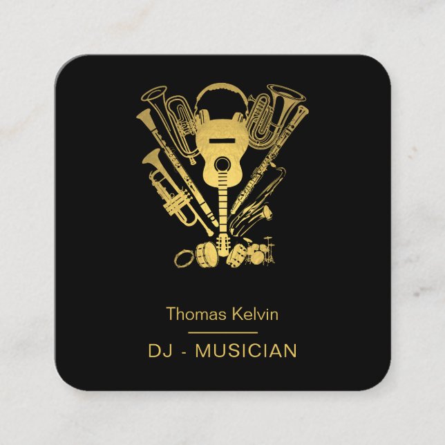  Music Instruments Event Organiser DJs Black Gold Square Business Card (Front)