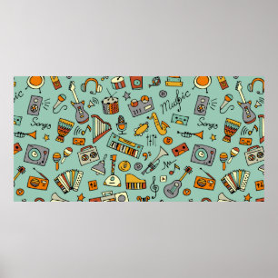 Music instruments sketch,seamless pattern poster