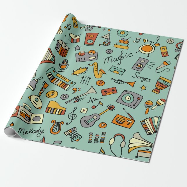 Music instruments sketch,seamless pattern wrapping paper (Unrolled)