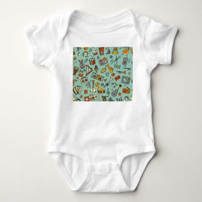 Music instruments, vintage sketch pattern. baby bodysuit (Front)