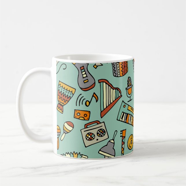 Music instruments, vintage sketch pattern. coffee mug (Left)