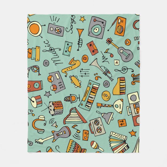 Music instruments, vintage sketch pattern. fleece blanket (Front)