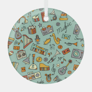 Music instruments, vintage sketch pattern. glass tree decoration