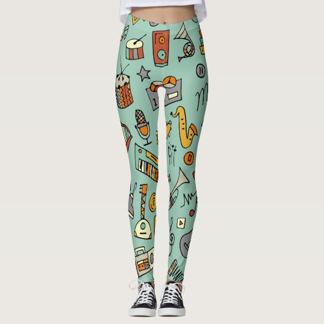 Music instruments, vintage sketch pattern. leggings (Front)