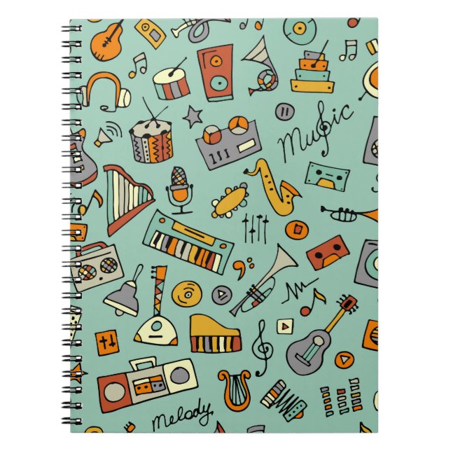 Music instruments, vintage sketch pattern. notebook (Front)