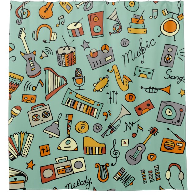 Music instruments, vintage sketch pattern. shower curtain (Front)