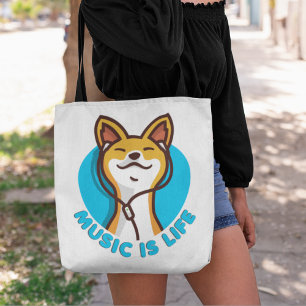 Music is Life Cartoon Basenji Tote Bag