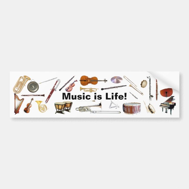 "Music is Life" Instrument Bumper Sticker (Front)