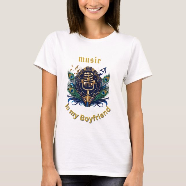 "Music Is My Boyfriend – Retro Mic & Peacock Desig T-Shirt (Front)