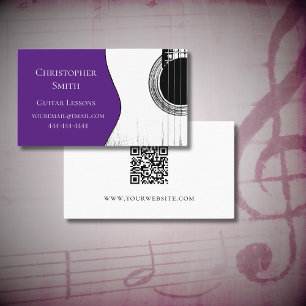 Music Lessons Guitar QR Code Purple Business Card