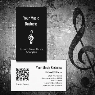 Music Lessons Simple Treble Clef QR code Black Business Card