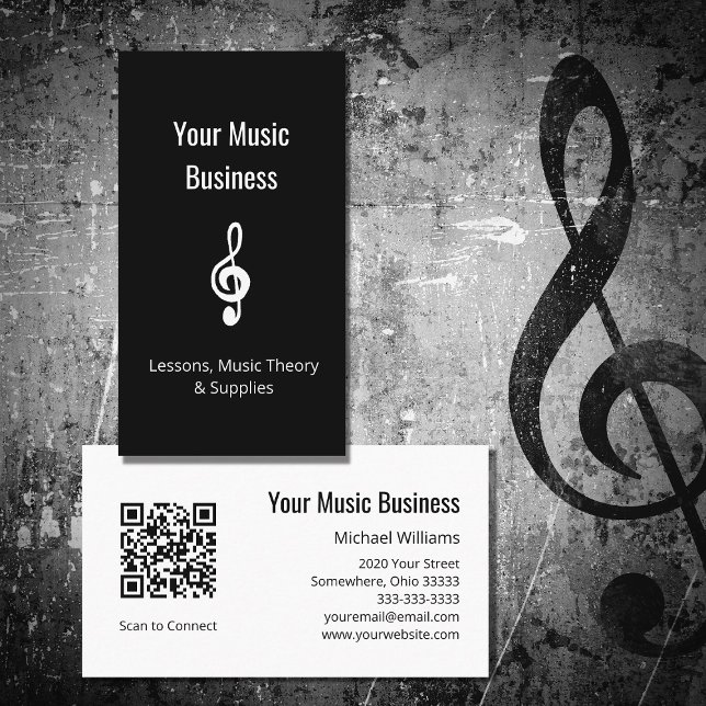 Music Lessons Simple Treble Clef QR code Black  Business Card (Creator Uploaded)