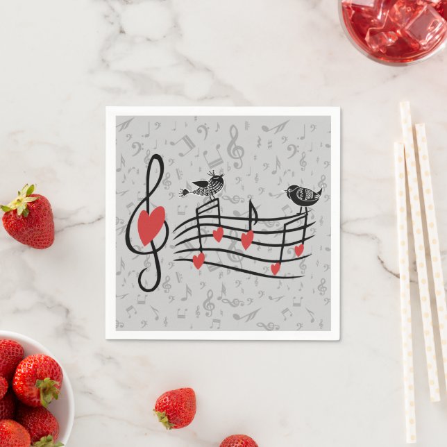 Music Love Birds on Grey Musical Notes Napkin (Insitu)