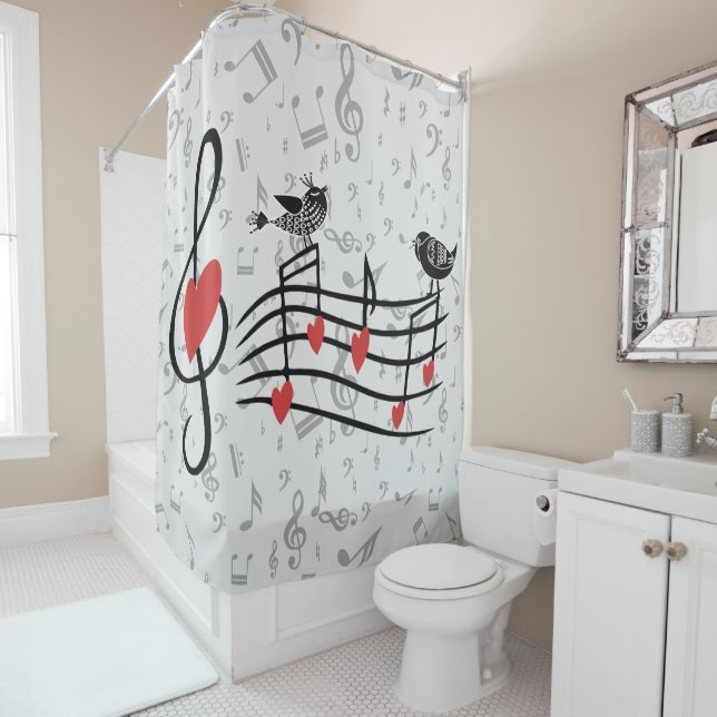 Music Love Birds on Grey Musical Notes Shower Curtain (In Situ)