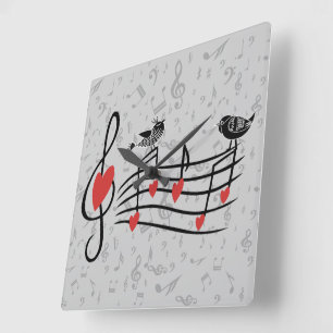 Music Love Birds on Grey Musical Notes Square Wall Clock