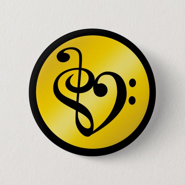 Music Love Heart Symbol Clef Notes in Gold Black 6 Cm Round Badge (Front)