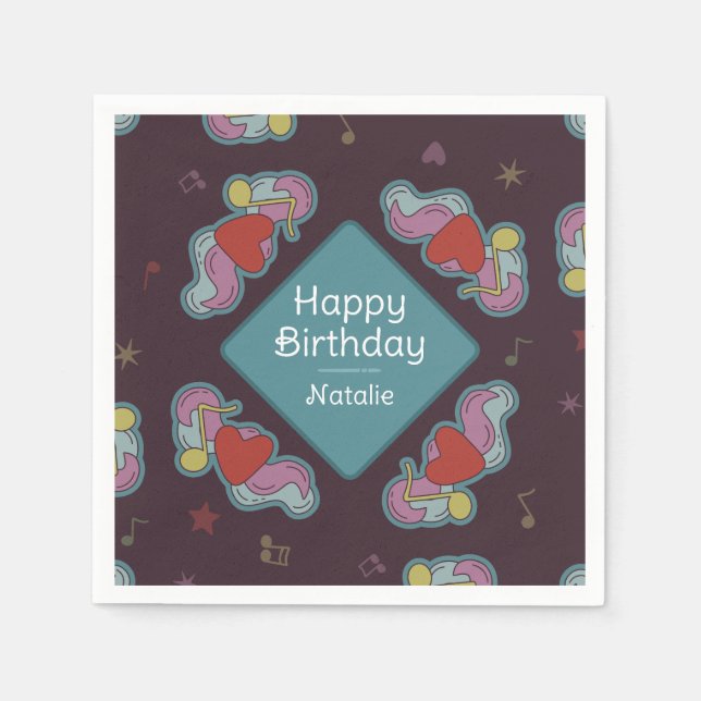 Music Lover Doodles Theme Birthday Party Teal Napkin (Front)
