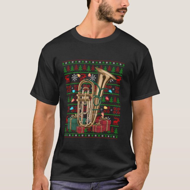 Music Lover Xmas Lights Ugly Musical Cornet Christ T-Shirt (Front)