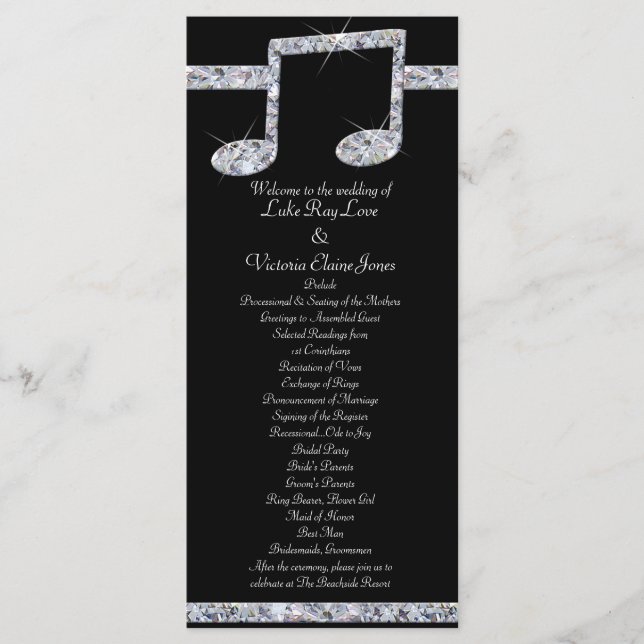 Music Lovers Diamond Shimmer On Black Wedding Programme (Front)