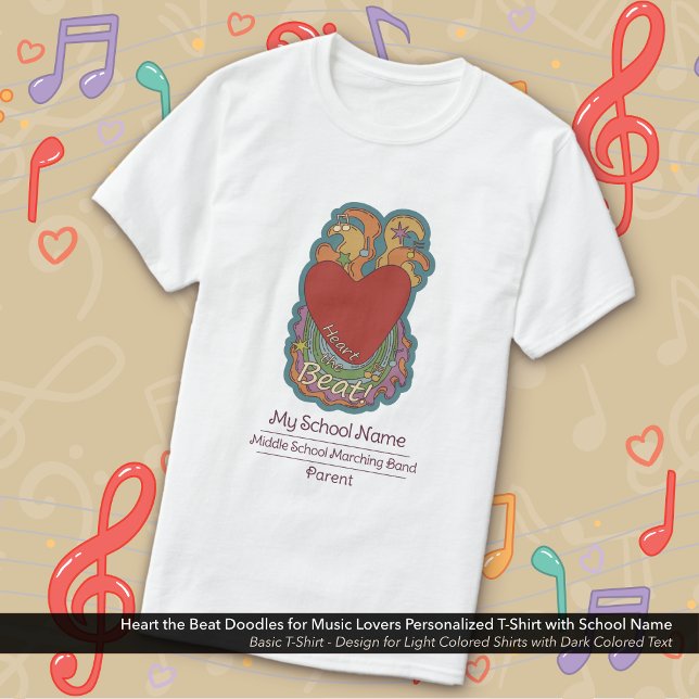 Music Lovers Heart Doodles Custom School Activity T-Shirt (Heart the Beat Doodle School Band T-Shirt Personalized with Your School Name for Parents)