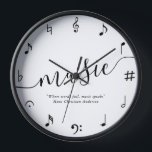 Music Lovers Personalised Clock<br><div class="desc">Hans Christian Andersen quote: Where words fail,  music speaks.
Personalise this design with your own quote,  special song lyrics,  a name,  or a date for a one-of-a-kind design for music lovers.</div>