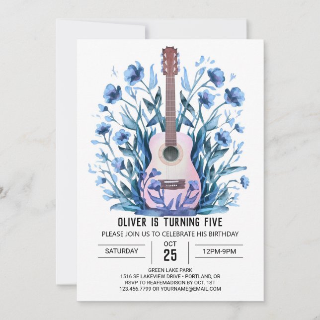 Music Magic Blue Guitar Boy Birthday Invitation (Front)