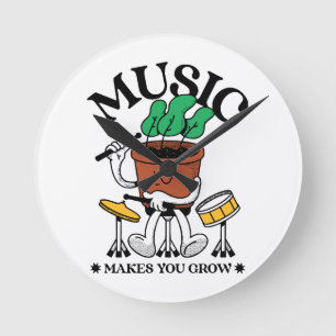Music Makes You Grow Plant Drummer Round Clock