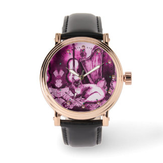 MUSIC MAKING CAT WITH OWL ,Purple Pink Watch