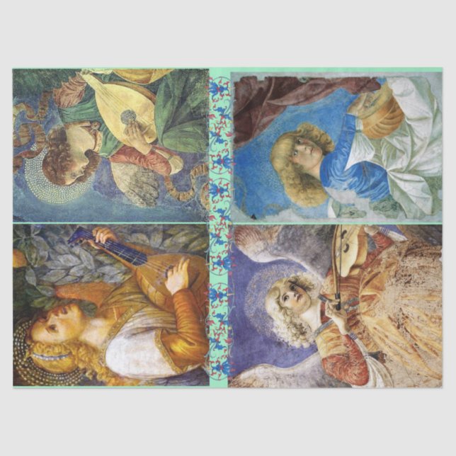 MUSIC MAKING CHRISTMAS ANGELS WITH BLUE FLORAL TISSUE PAPER (Front)