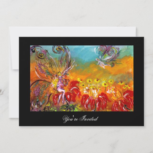 MUSIC MAKING FLOWER FAIRY Red Black Fantasy Invite (Front)