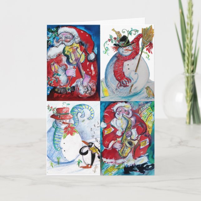 MUSIC MAKING SANTA AND SNOWMAN Funny Christmas Holiday Card (Front)