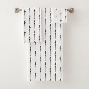 Music Motif Melting Treble Clef Black and White Bath Towel Set