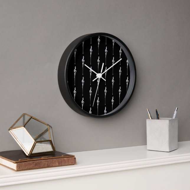 Music Motif Melting Treble Clef White and Black Clock (Office)