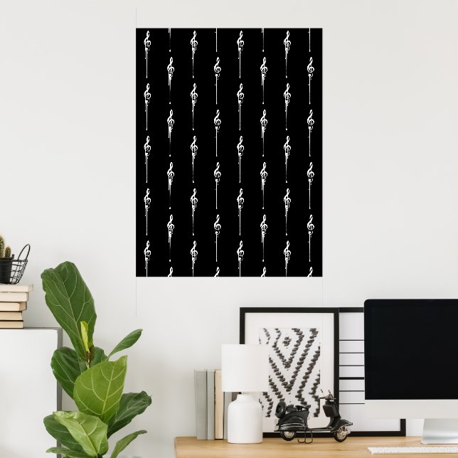 Music Motif Melting Treble Clef White and Black Poster (Home Office)